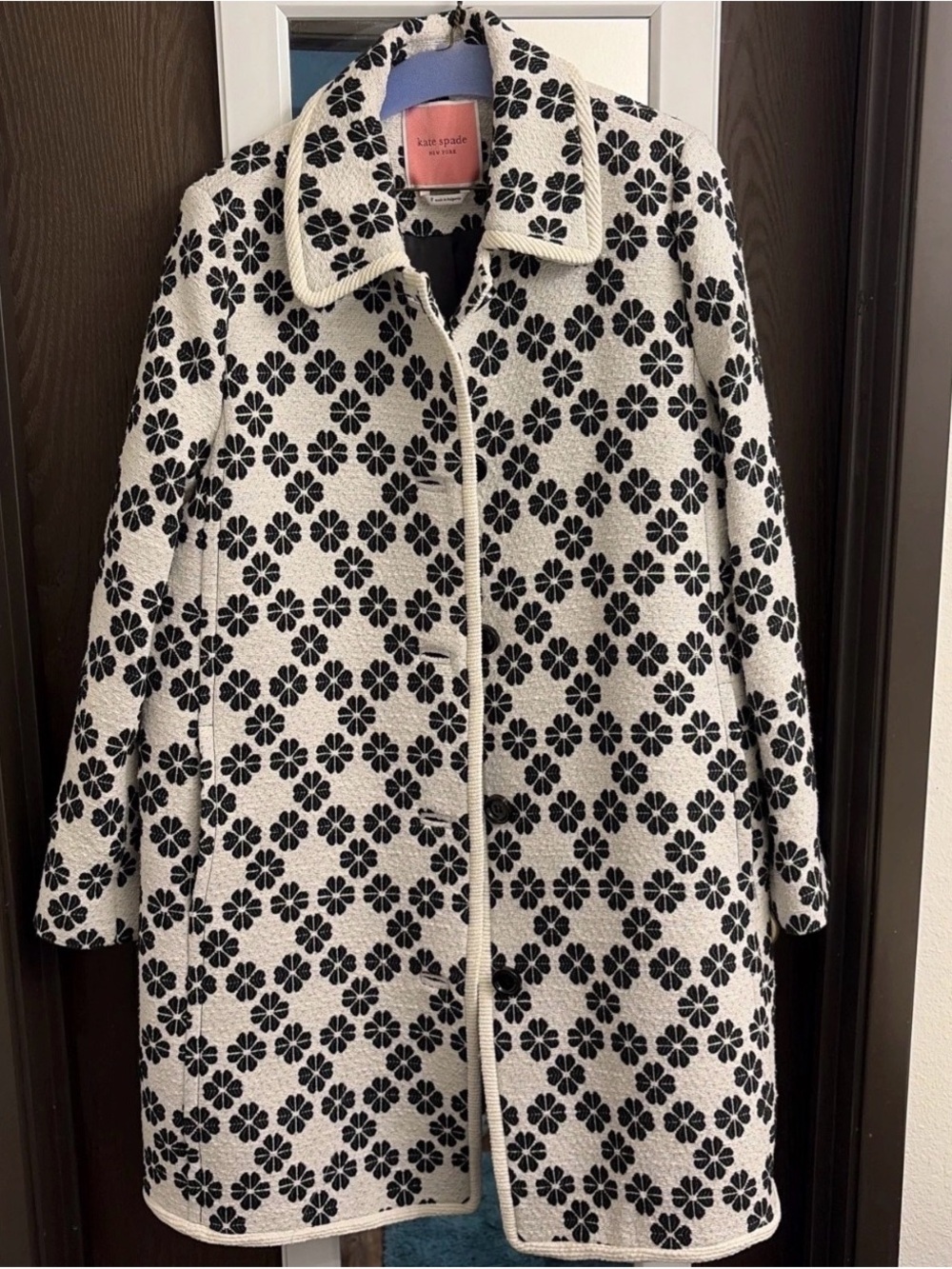 kate spade Black & White Floral Bouclé Trench Coat